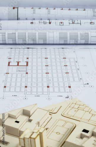 Foto Architectural model with structural, technical and construction drawings of the floor slab, with columns, walls and beams