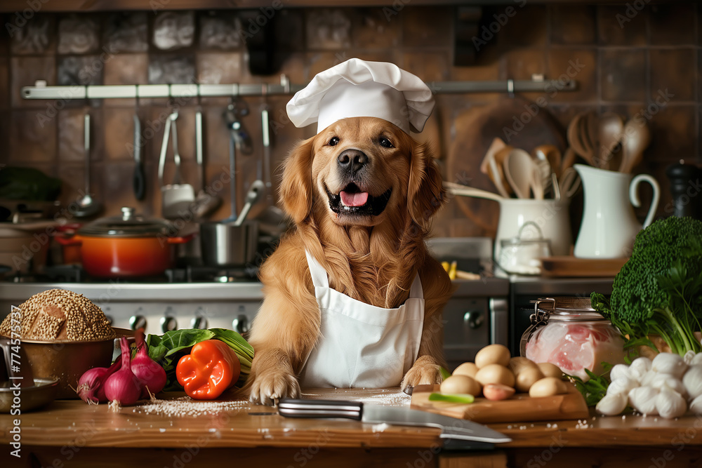 A Golden Retriever wearing a chef’s costume in the kitchen, eagerly ready to cook. Funny moment, ingredient for cooking, pet concept. Generative AI. A Golden Retriever wearing a chef’s costume in the kitchen, eagerly ready to cook. Funny moment, ingredient for cooking, pet concept. Generative AI.