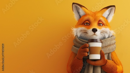 Erkältung mit Husten und Schnupfen - Tier hält Tasse Tee oder Kaffee mit Halstuch Schal Fuchs symbolisch Generative AI photo
