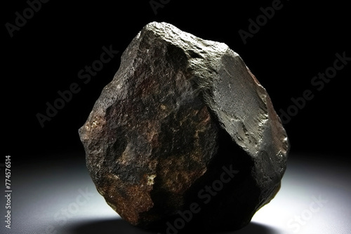 Ilmenite is rare precious natural stone on black background. AI generated. Header banner mockup with space. photo