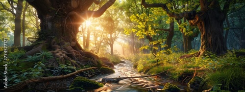 The beauty of nature with a tranquil forest scene  featuring towering trees and meandering streams