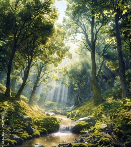 The beauty of nature with a tranquil forest scene  featuring towering trees and meandering streams