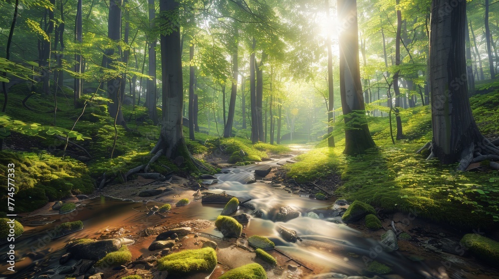 Fototapeta premium The beauty of nature with a tranquil forest scene, featuring towering trees and meandering streams