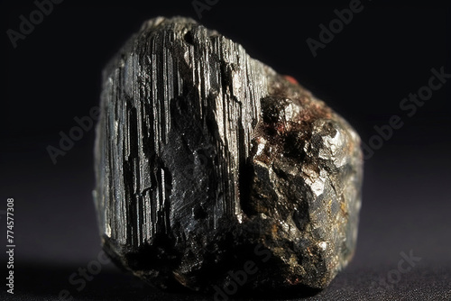 Enargite is a rare precious natural stone on a black background. AI generated. Header banner mockup with space. photo