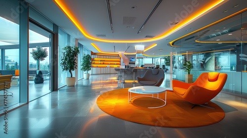 Modern office lobby with vibrant orange chairs, sleek design, and ambient lighting.