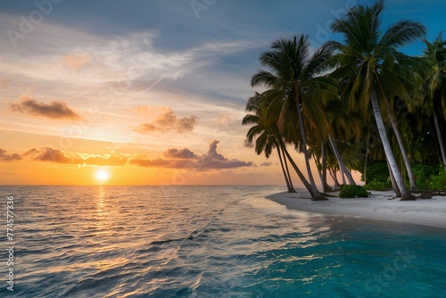 Idyllic tropical coastline at sunset  serene summer vacation scene