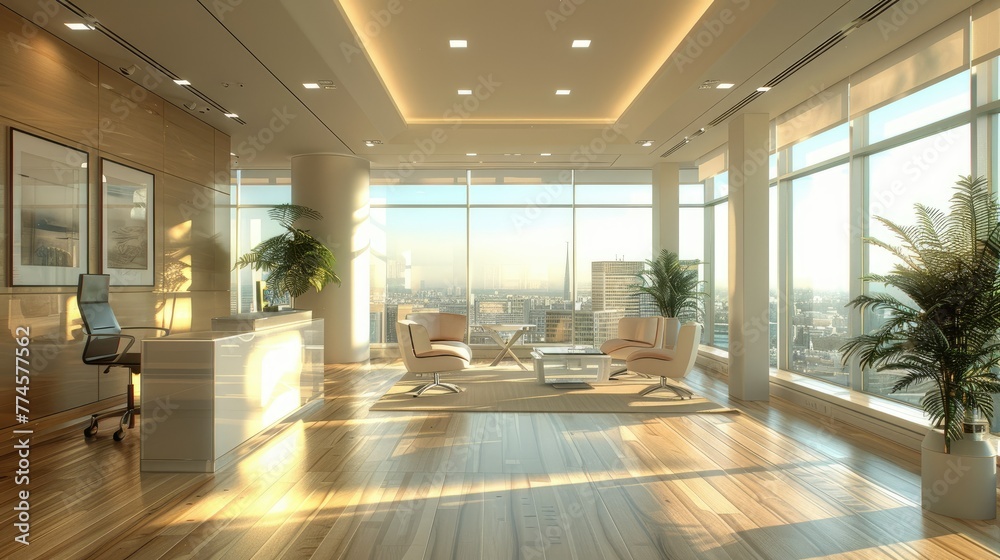 Modern office lobby with reception desk, computers, and elegant interior design. Modern office lobby with reception desk, computers, and elegant interior design.