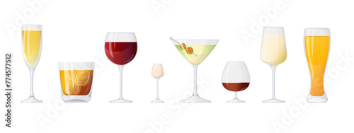 Various cocktails and spirits in cartoon glasses set