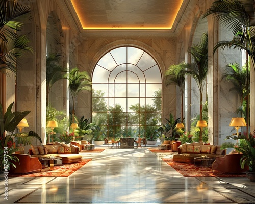 Lavish hotel lobby with marble floors lush plants