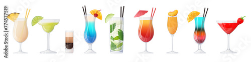 Various cocktails and spirits in cartoon glasses set