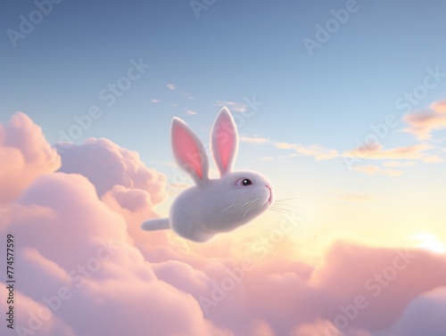 Flying rabbit, trailing eggshaped clouds, heading towards heaven, twilight, soft pastels, high angle photo
