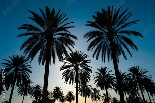 Img Palm trees sunset golden blue sky, tranquil tropical scenery © Jawed Gfx