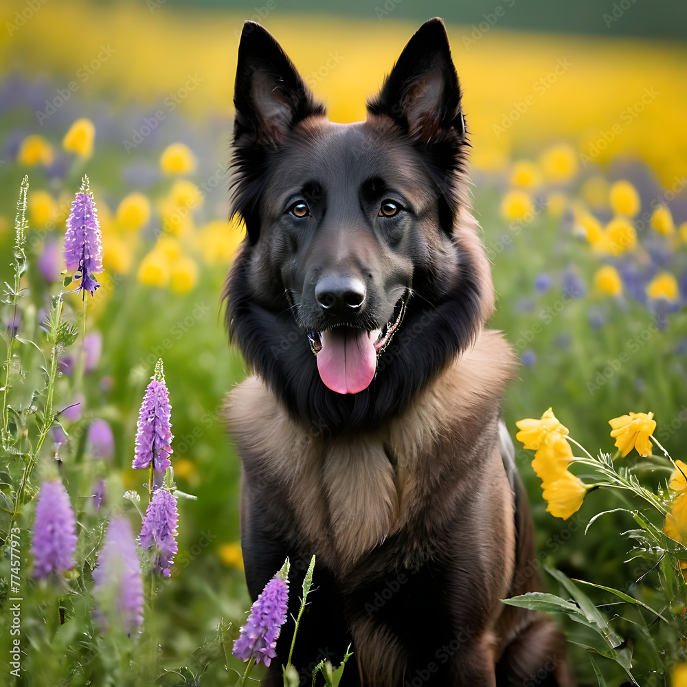 A cute Belgian Shepherd wandering through a field of wildflowers, each petal glistening with morning dew