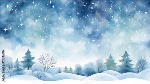 Misty forest mountain hill covered by snowfall and snowdrift. Winter background vector. Hand painted watercolor drawing for Christmas and Happy New Year season. © ribelco