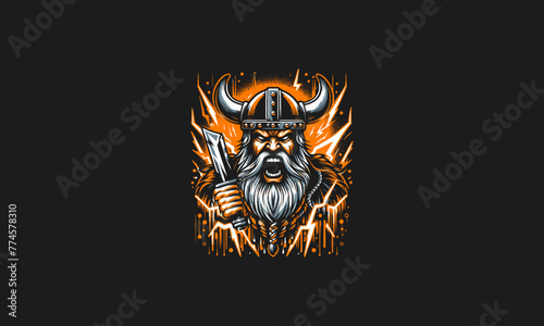 viking angry with background lightning vector artwork design