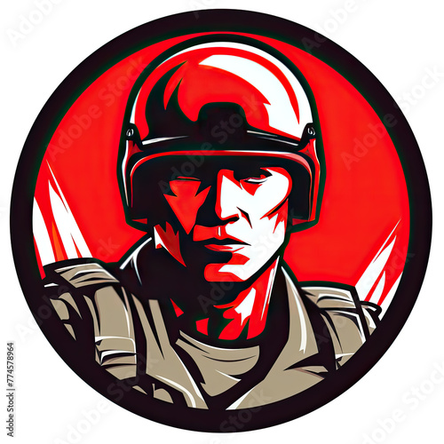A logo of a soldier wearing a red helmet