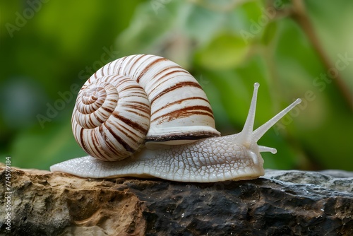 Large white snails with striped shell crawling on rocks