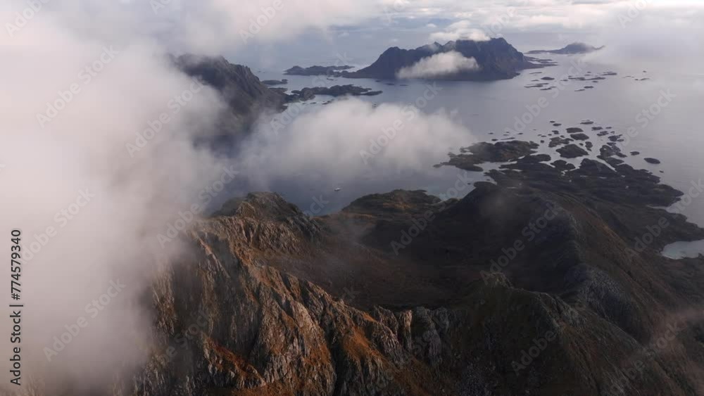Aerial view of Segla mountain above the sky, Norway during summer