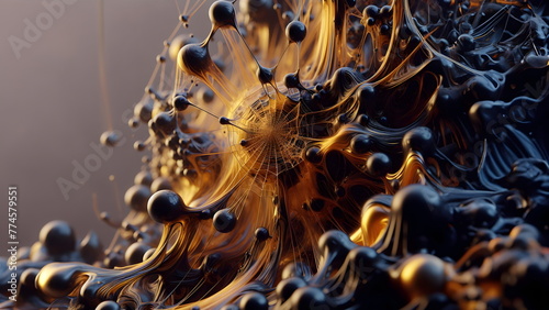 a close up of a spider web in a tree, liquid golden and black fluid, golden organic structures