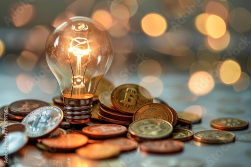 Light bulb surrounded by coins, symbolizing financial ideas. photo