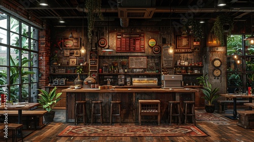 Farm-to-table restaurant interior with rustic decor and open kitchensuper detailed