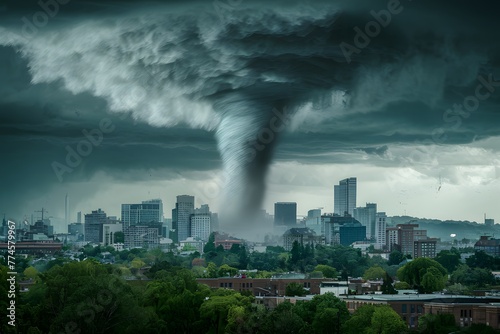 Massive tornado dominates cityscape in turbulent storm scene