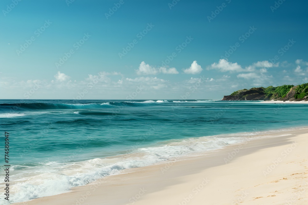 Ocean waves on sandy beach with clear blue sky, tranquil