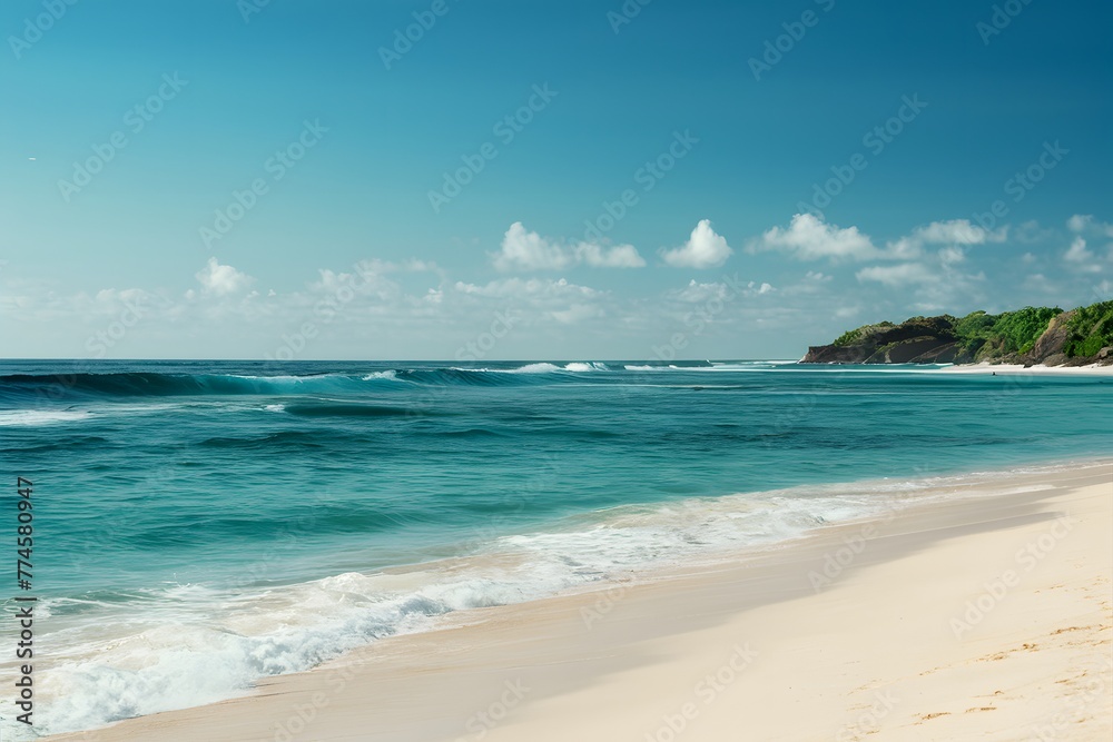 Ocean waves on sandy beach with clear blue sky, tranquil Ocean waves on sandy beach with clear blue sky, tranquil