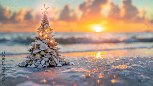 Christmas tree made of seashells on the beach at sunset