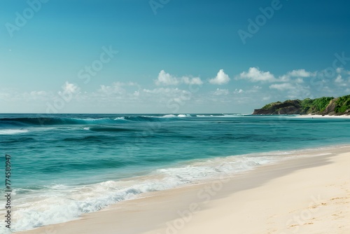 Ocean waves on sandy beach with clear blue sky  tranquil