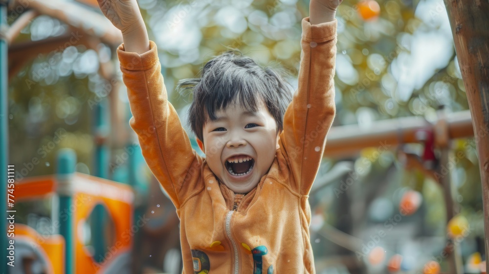 Fototapeta premium The spirit of childhood with a playful kid playing in a playground enjoying outdoor activity