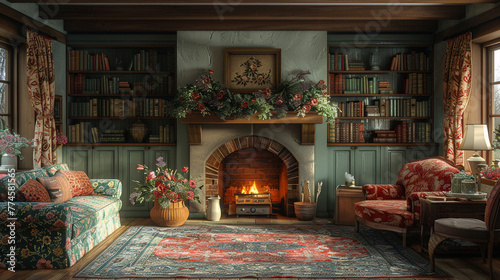 Traditional English cottage living room with floral patterns and cozy fireplaceHyperrealistic photo