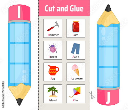 Vector material for children to learn the alphabet. Cut out the cards and glue them onto pencils.

