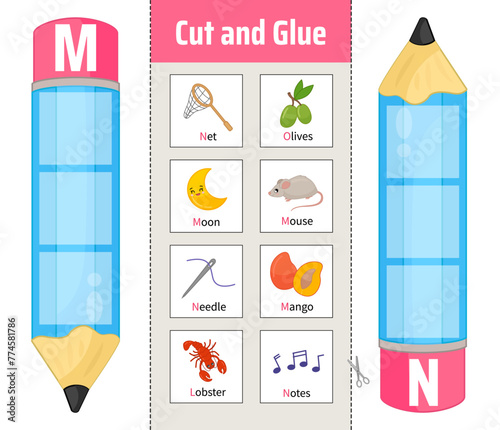 Vector material for children to learn the alphabet. Cut out the cards and glue them onto pencils.
