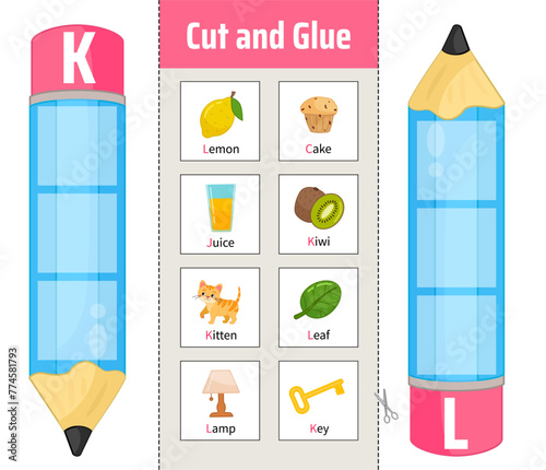 Vector material for children to learn the alphabet. Cut out the cards and glue them onto pencils.

