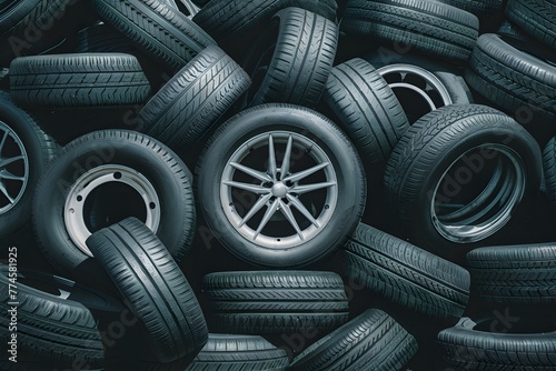 Old used car tires  pile of black tires  abstract background