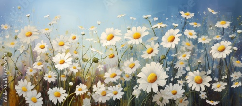 Vibrant painting capturing a scenic field filled with blooming daisies against a clear blue sky backdrop photo