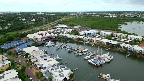 Aerial Drone of Dinah Beach Marina with Boats and Yachts Docked in Harbor, Darwin NT Australia photo