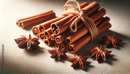 A close-up of cinnamon sticks bundled together with star anise placed around on a light surface.