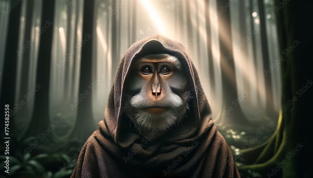 A medium shot of a wise old monkey wearing a monk's hood, meditating in a misty forest. A medium shot of a wise old monkey wearing a monk's hood, meditating in a misty forest.