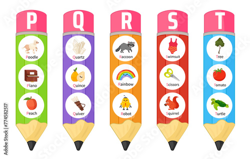 Educational material for primary school children. Learning the English alphabet. Illustrations of multi-colored pencils with letters.
