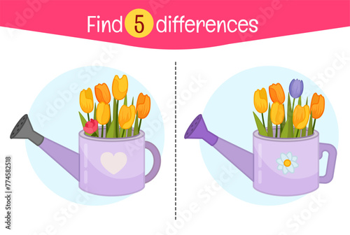 Find differences.  Educational game for children. Cartoon vector illustration. Vector illustration of flowers in a watering can..