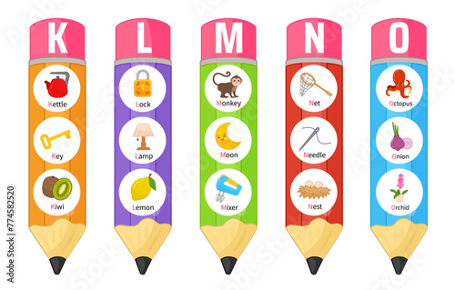 Educational material for primary school children. Learning the English alphabet. Illustrations of multi-colored pencils with letters.
