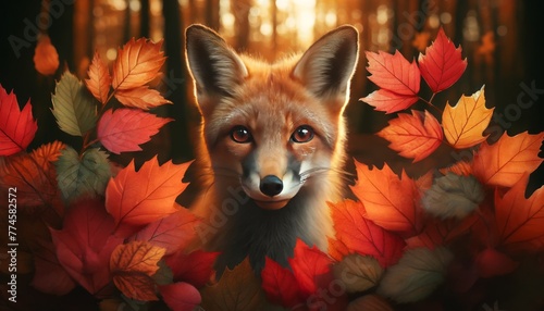 A close-up of a fox with a mysterious aura, its face partially obscured by autumn leaves.