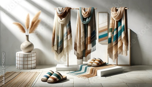 A display of summer scarves with a similar weave and stripe pattern in a variety of colors, inspired by the stripes on the slippers. photo
