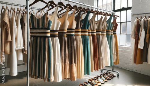 A line of casual summer dresses hanging on a rack, each with a waistband that mimics the stripe pattern of the slippers.