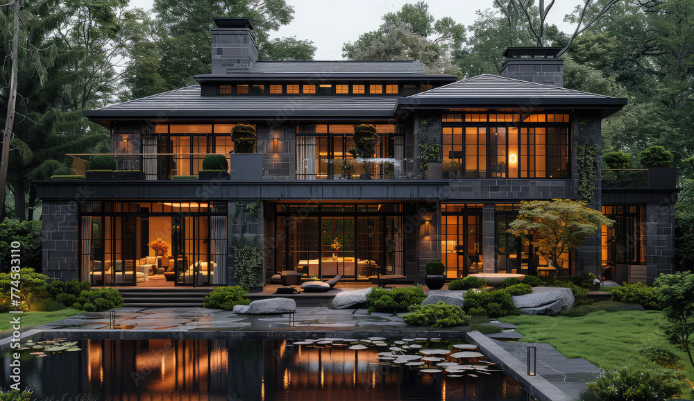 A black villa with large windows, in the traditional Chinese architectural style, with dark gray and green tones, featuring a luxurious interior design. Created with Ai - obrazy, fototapety, plakaty 