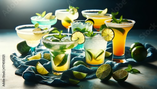 A series of citrus-based cocktails, like margaritas or mojitos, with lime wedges on the rim, placed on a blue linen surface. photo