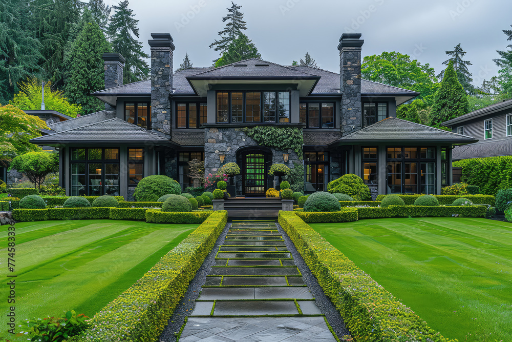 A classic mansion with large windows, ivy-covered walls and a green lawn on the front, captured in an ultrawide shot. Created with Ai