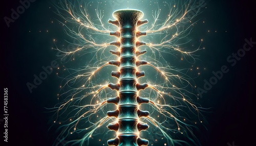 A cross-section of the spinal column with nerves lit up, emphasizing the central role of the spine in the nervous system.